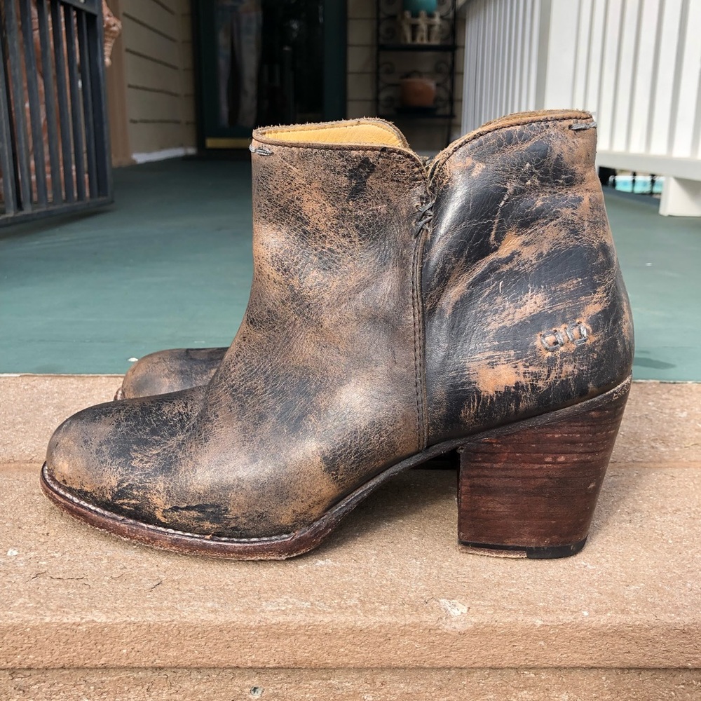 BED STU distressed leather booties with a heel.